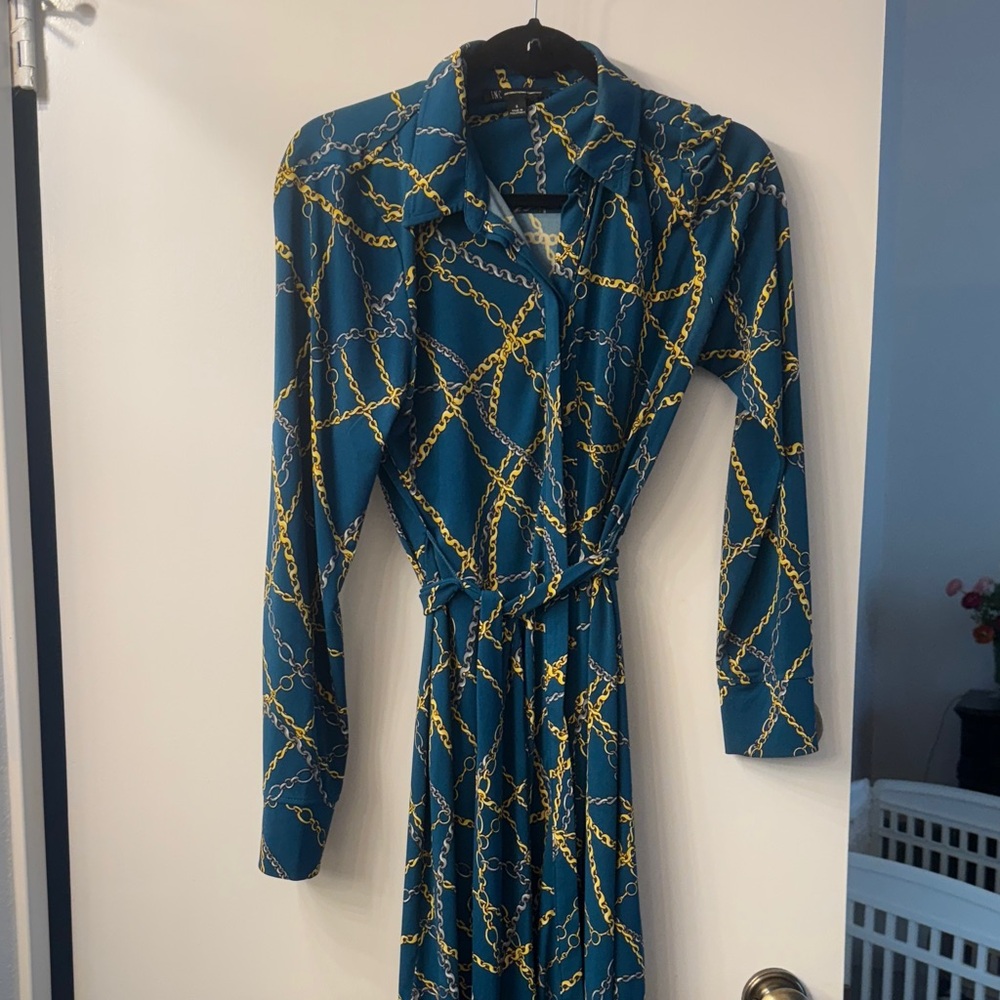 INC International Concepts Teal and Gold Chain Print Dress